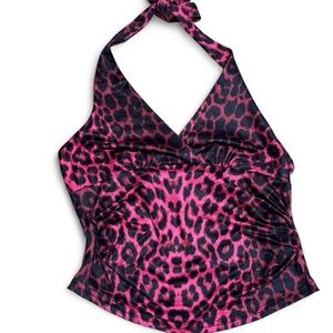Romwe Pink leopard print tie up cropped halter top. Size: L